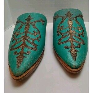 1950'-60's  Moroccan Ladies Mules Blue Leather Hand Stitched